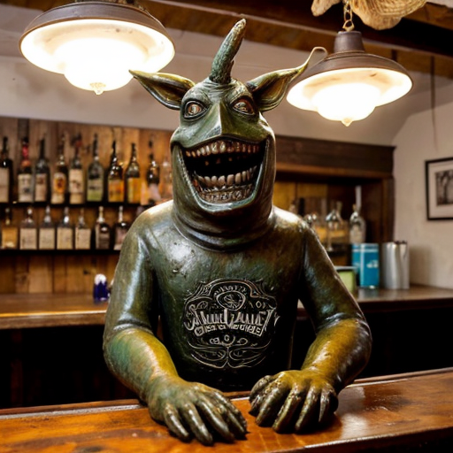 a grotesque, photorealistic dive bar frozen in time—peeling wallpaper stained with decades of smoke and spilled liquor, broken furniture piled like carcasses in the corners, a single flickering bulb casting jaundiced light. Front and center, a nightmare scarecrow slouches on a stool, its burlap face split by a stitched grin, cornstalk fingers wrapped around a bottle of Jack Daniels, tendrils of hay spilling from its rotting chest cavity where whiskey drips into exposed ribs. Beside it, three 1950s-era hazmat suits—faded yellow rubber, cracked visors fogged with condensation—lean drunkenly against the bar, gloved hands clutching martini glasses filled with neon-green sludge. A hunchbacked goblin with pustular skin and jagged teeth perches on a keg, chugging a foaming beer that spills down its chin onto a taxidermied rat hanging from its necklace. Towering over them all, a corroded bronze statue of Satan rises from the debris, one hoof resting on a toppled jukebox, its leering face tilted as if amused by the decay. The air is thick with the ghosts of a thousand bad decisions