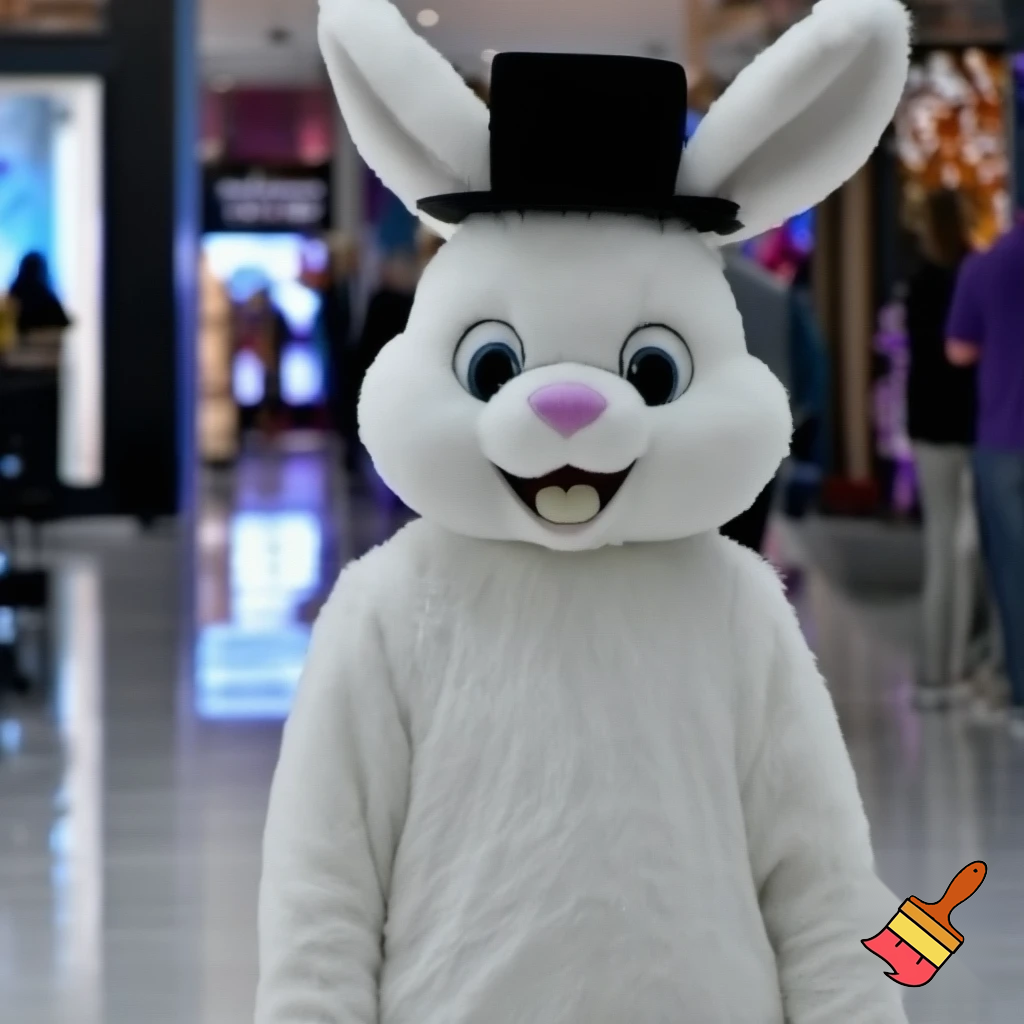 Easter bunny mascot top hat at the shopping centre mascot costume Darrell Lea magic room