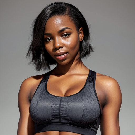 Ashanti with a black sleek middle part bob hair wearing a grey tank top and black bra working out 