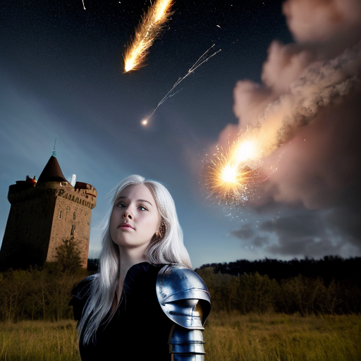 young white-haired woman in armor watches as meteorites fall on her castle
