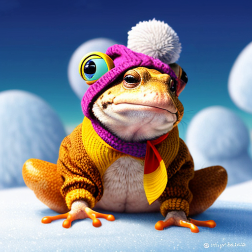 A laughable, puzzled animal toad in woolen, multicoloured winter clothings with woolen winter cap. Hyperrealistic art style.
