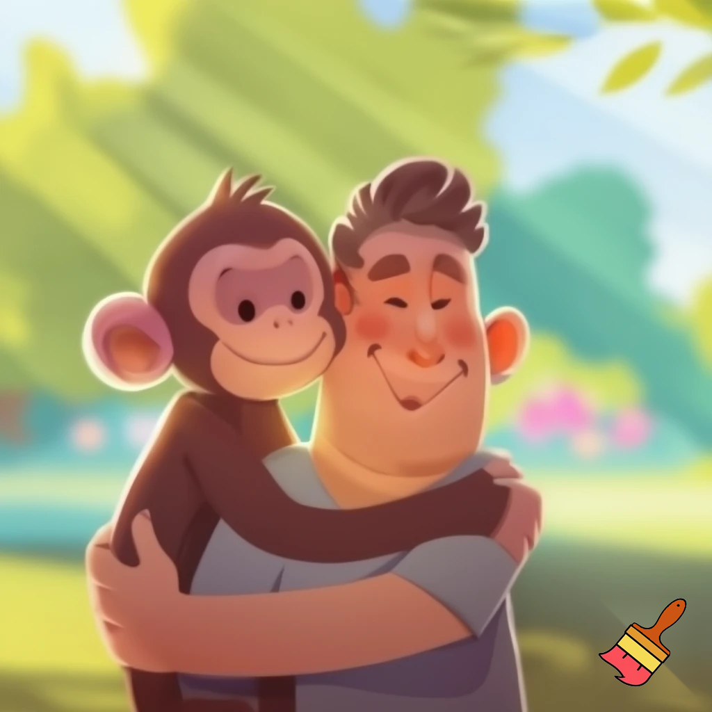 Cartoon man love his monkey 