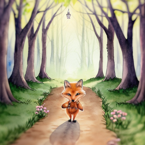 Children’s book watercolor illustration, soft pastel palette, warm magical forest atmosphere.

Andy, a small cute fox cub with bright orange fur, cream belly, fluffy oversized tail and big amber expressive eyes, stands in the Forest of Colors while the animals prepare for the traditional Glowing Path ceremony.

Around him, rabbits, hedgehogs, birds and squirrels decorate a winding forest path with tiny lanterns and flowers. Fireflies begin to gather above the path like floating stars. The trees are tall and colorful, with warm light filtering through the leaves.

Andy looks excited and curious, ears lifted and tail gently swaying.

Style: soft watercolor children’s book illustration, dreamy lighting, cozy magical forest, gentle details, storybook style, soft edges.

Use the reference image of Andy the fox to keep the same character design.
