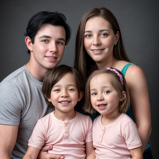 generate a family photo of  6 kids. generate 1 set of triplet boys that are two years old with black hair. generate another set of girl triplets that are 16 with black hair and generate all of them togteher in a family photo 6 kids