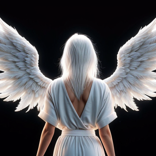 beautiful white-haired angel in white robes with white feathery wings
