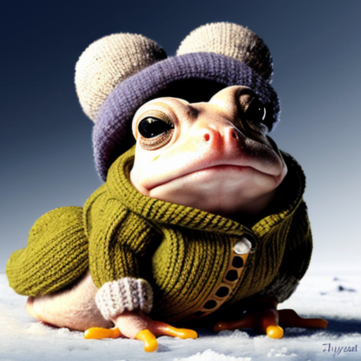 A laughable, puzzled animal toad in woolen, multicoloured winter clothings with woolen winter cap. Hyperrealistic art style.