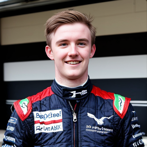 generwate an image of conor macmanus from ireland brown hair 5 ft 6 and from blackrock colage and with a blue quater zip first year riding a f1 car no helmet still wearing the quater zip