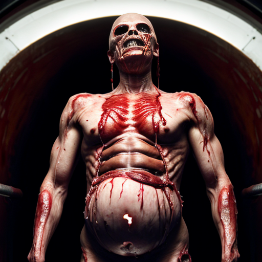 Ultra-photorealistic industrial body horror scene, grim human slaughterhouse factory, blood-drenched conveyor belt carrying flayed naked human corpses in various states of mutilation and decay, exposed glistening muscle, viscera spilling, workers in gore-soaked overalls processing bodies like livestock, meat hooks with dangling torsos, cold fluorescent lights, rusty pipes, inspired by Cronenberg The Fly and Texas Chain Saw Massacre, pregnant corpses birthing grotesque hybrids on the line.., visceral practical effects style, hyper-detailed wet textures, subsurface scattering on flesh and blood, cinematic dread, 8k raw photo --ar 3:4 --stylize 0