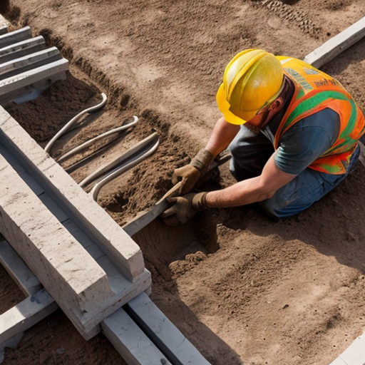 Reinforcement for a slab and bricklaying, African context with steel workers tying the rebar. High definition image