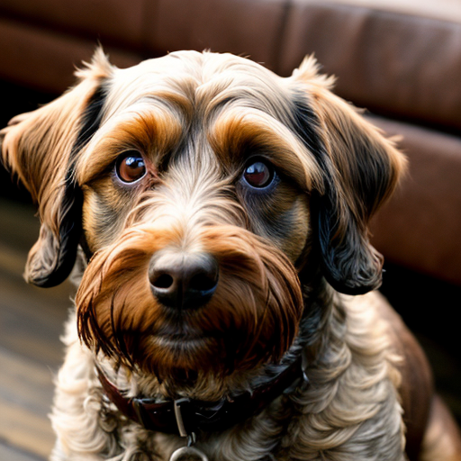 a brown dog with white underbelly and chin cockapoo
