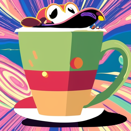 A hillarious, funny boho toad with some hippie colored coffee cups. Psychedelic decorated background. Hard style.