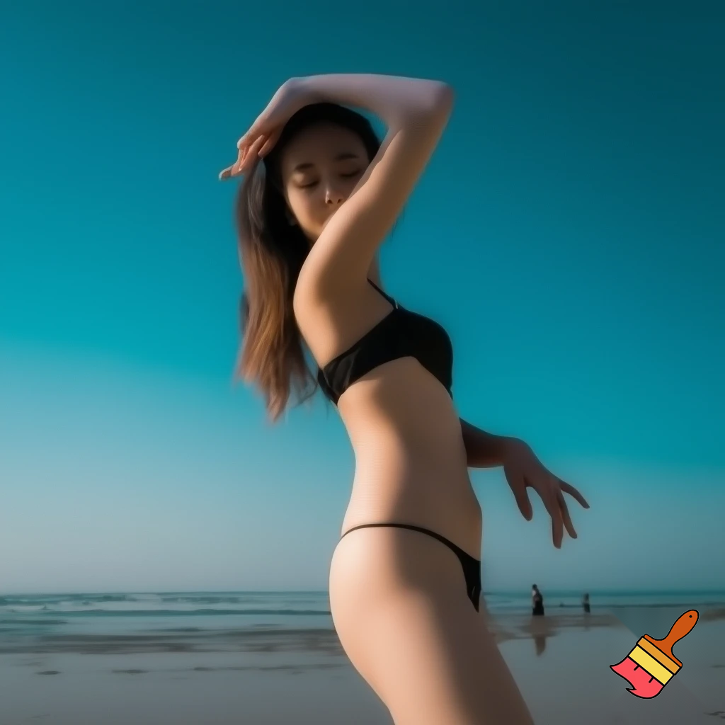 one beautiful nude chinese girl on the beach, establishing shot, low-angle shot