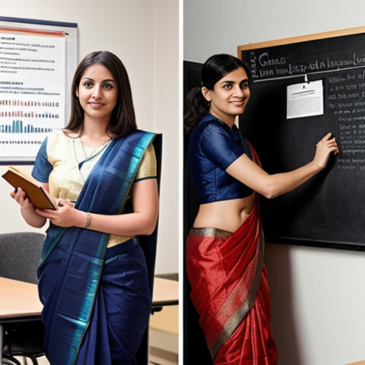 I A confident professional woman representing career growth and transformation. On the left side, she is shown as a teacher in a classroom, wearing a modest formal saree or professional attire, holding a book, standing near a blackboard with students’ desks in the background. On the right side, the same woman is now an Operations Officer, dressed in smart corporate office wear, standing in a modern office environment with a laptop, files, and business charts visible. The two scenes blend smoothly, symbolizing a successful career transition. Soft professional lighting, realistic style, high resolution, empowering and inspiring mood.
