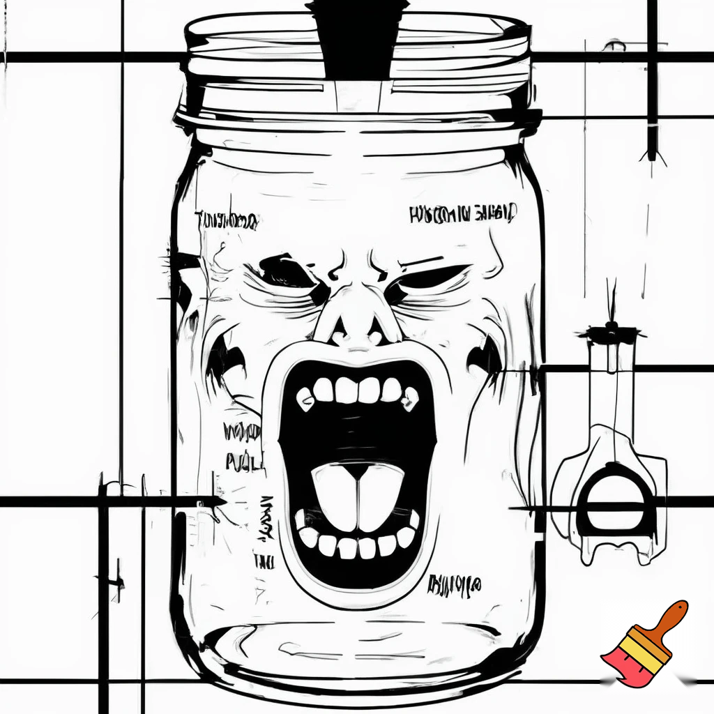"A black and white diagram of a mason jar water pipe, with labels for 'MOUTHPIECE', 'DOWNSPOUT', 'BOWL HOLE', and 'MASON JAR'. The jar has an extremely angry, seething face with an open, shouting mouth, conveying intense, boiling rage that is trying to break free from the diagram's constraints."
