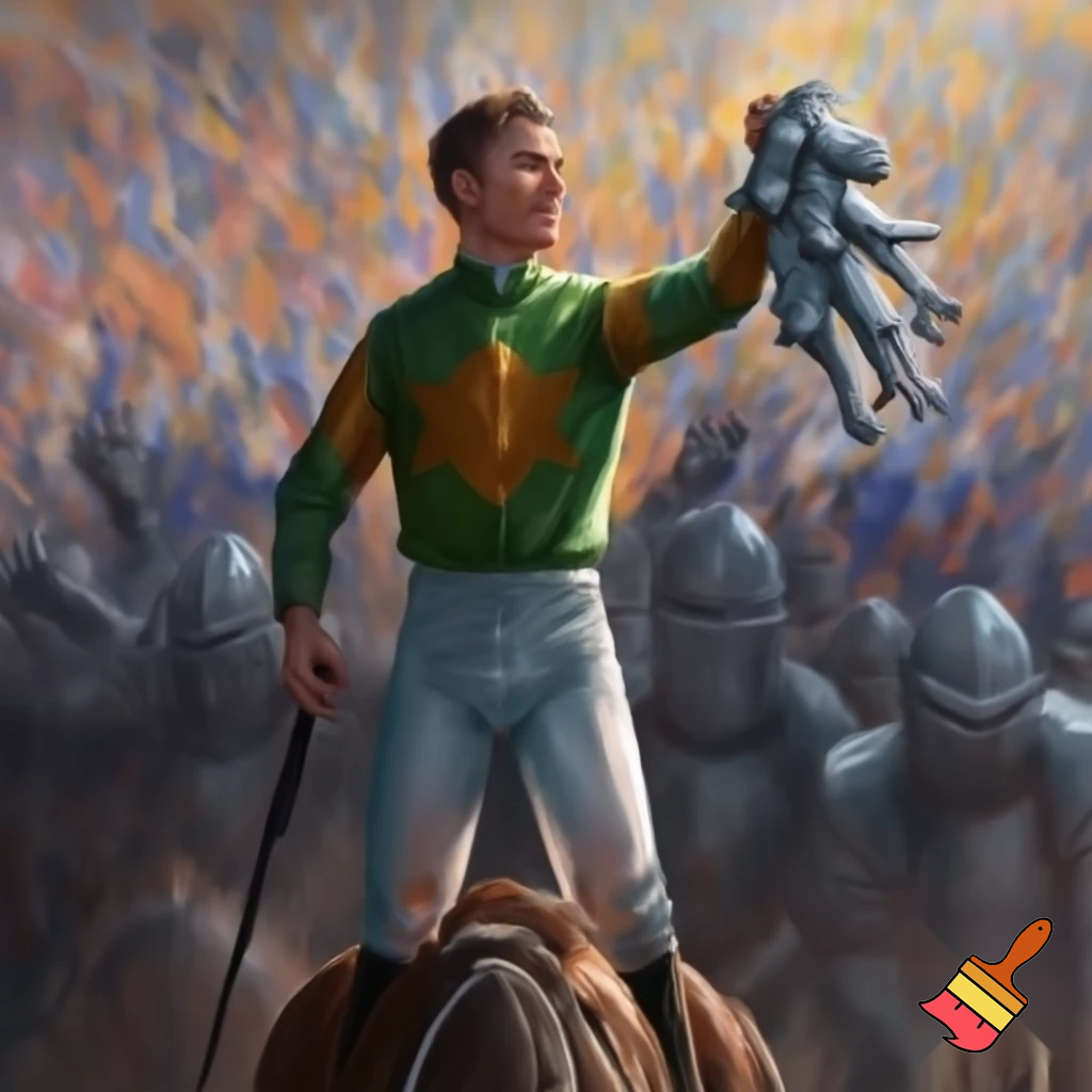 crer un image :Fillino et un frele jeune homme friser. Il est adult est petit. Sur sa main brillent trois chevaliere de c'est victoire passer. Il est favoris pour gagner la course du lendemain. Celebre jockey du phoenix. très acclamer. Il se gonfle de fierter devant la reaction des fan. Il a jamasi quitter la ligne de depart. fillino pleure.