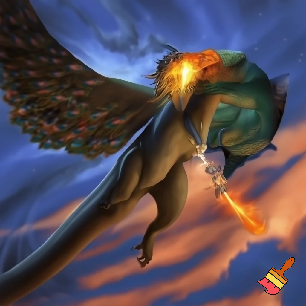 Half peacock half komodo dragon flying with a blowtorch