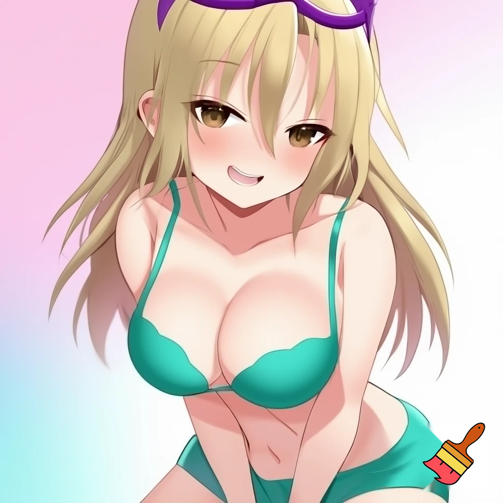 Anime girl with small breasts in a Bra and a Seductive Smile, purple glasses, cute with teal underwear clothes and blonde hair and hazel eyes