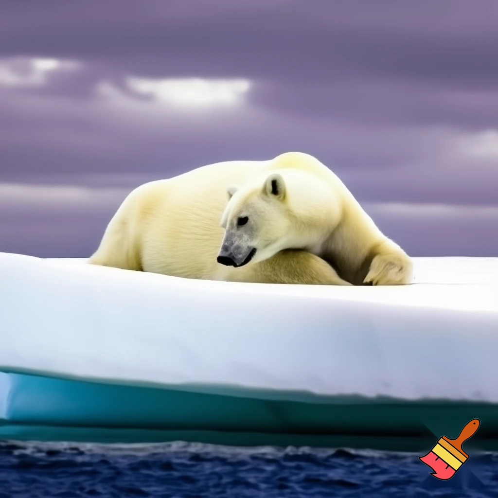 Quiero que realices una imagen en la que haya un oso polar tumbado de lateral viendose las patas con los ojos cerrados y la cabeza apoyada, encima de un témpano de hielo con forma triangular inclinado 45 grados a la izquierda, que tenga una base de hielo que se encuentra en el mar, que se encuentre alejado de la cámara, no se ve la parte de abajo del iceberg, pero que haya hielo en la parte de abajo de la imagen, que el 70% del fondo de la foto sea un cielo nublado grisáceo con tonos también morados y nubes blanquecinas y que el mar sea un azul marino, en tonos fríos, con un estilo tipo Nathional Geographic, en 3D, en plano central y con una resolución 4K (3840x2160 pixeles).