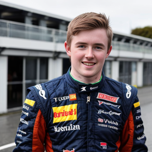 generwate an image of conor macmanus from ireland brown hair 5 ft 6 and from blackrock colage and with a blue quater zip first year riding a f1 car no helmet still wearing the quater zip