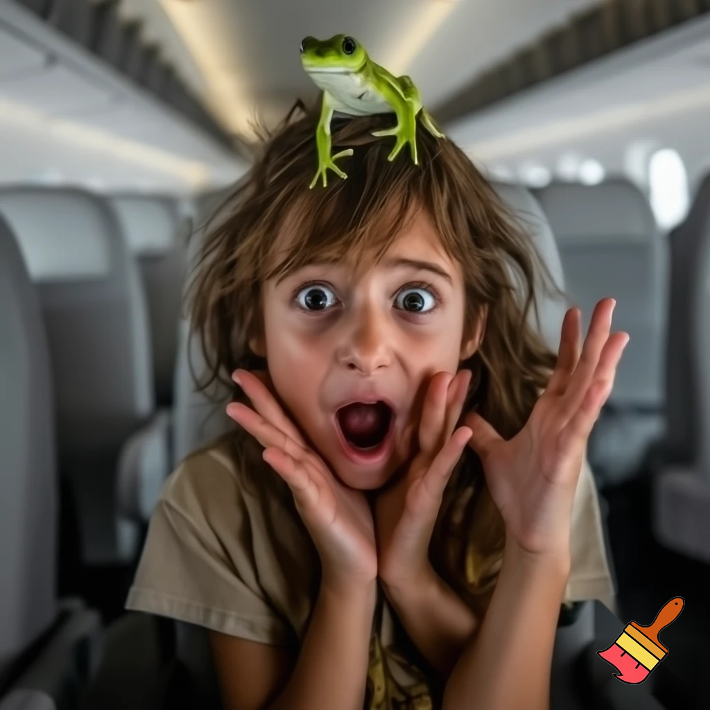 a inpoyle in  a plane is sacred of a frog on her head she scram she put hot cheetos on her head  when the girl done with her flit  the frog hit her head