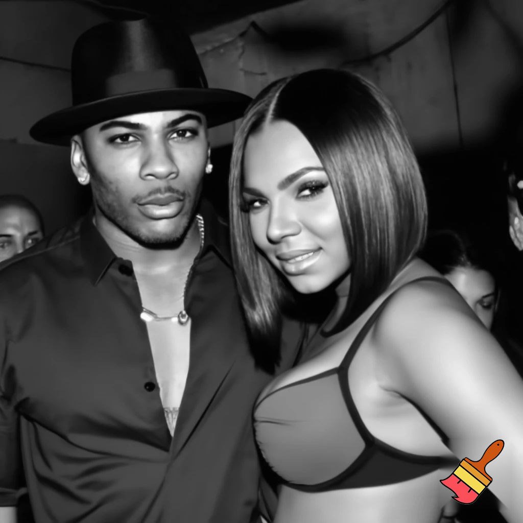 Ashanti with a black sleek middle part bob hair wearing a grey and black bra and Nelly wearing a button up shirt and black hat in a black and white photograph 