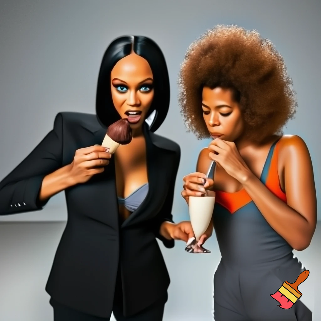 Tyra Banks and Kelis filming a commercial on the image Tyra Banks has a black sleek middle part bob hair wearing a black suit and a grey bra eating ice cream and Kelis has a brown voluminous curly brown hair Afro wearing a grey jumpsuit and a orange camisole drinking milkshake 