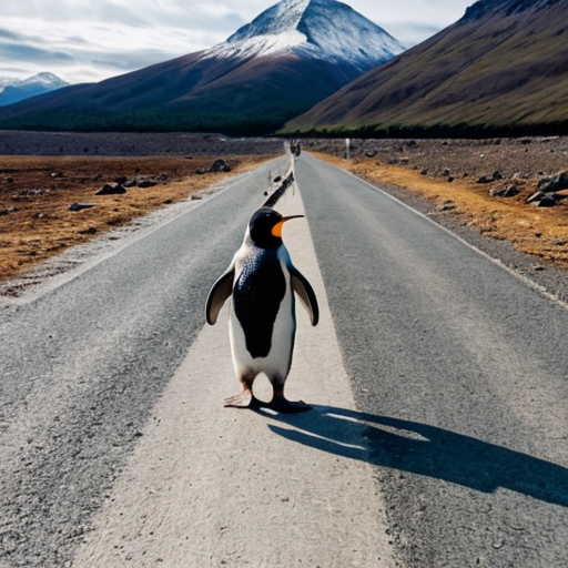 a ginger penguin walking to the mountains