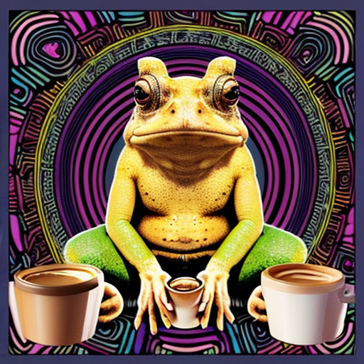 A hillarious, funny boho toad with some hippie colored coffee cups. Psychedelic decorated background.