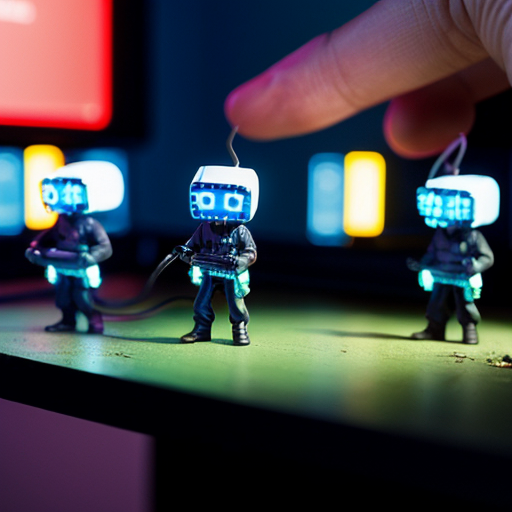 A funny 3D render of a miniature "Cyber Police" squad made of glowing blue holograms chasing a tiny hacker across a messy physical office desk. The hacker is tripping over a giant coffee mug while the tiny police officers use USB cables as lassos. Macro photography style, shallow depth of field, vibrant neon blues vs warm desk lighting, expressive "Oh no!" face on the hacker, highly detailed, whimsical.