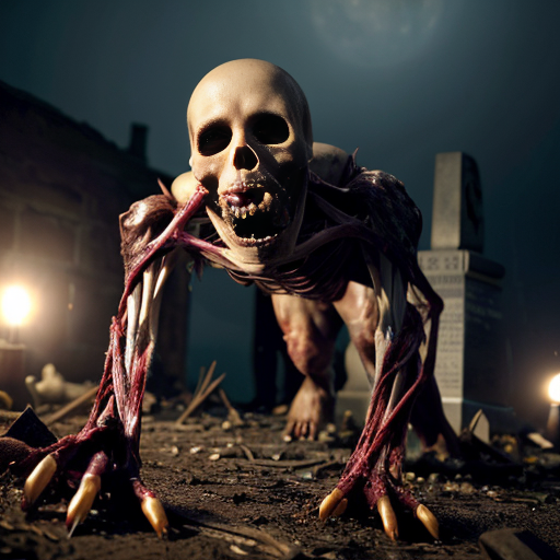 A photorealistic a moonlit cemetery torn apart by carnage, the ground slick with coagulating blood and chunks of unrecognizable viscera. At the center, a towering, skinless beast crouches over a mangled corpse, its exposed musculature glistening under the pale light, strands of sinew and torn ligaments dangling from its frame like macabre streamers. Its jagged, yellowed teeth gnash together as it lifts a severed arm to its lipless maw, blackened claws sinking into rotting flesh. Behind it, unearthed graves yawn open, their former occupants strewn in grotesque heaps—ribcages split wide, spinal cords unspooled like frayed rope. The air seems thick with the metallic stench of gore, and every twisted detail, from the beast's milky, pupil-less eyes to the way its tendons flex with each monstrous movement, is rendered in chilling photorealism.