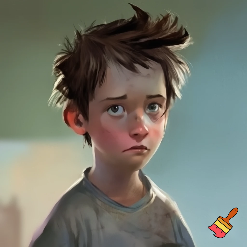 Boy about 11 years old with brown, patchy and sharp hair with dirty shirt who looks cautious and curious 