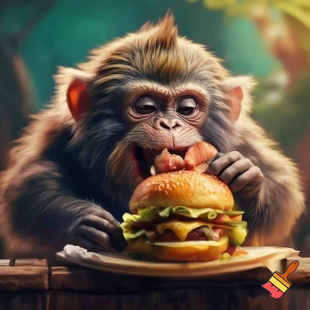monkey whos fat eating burger