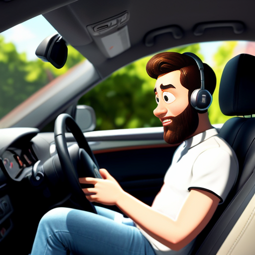 Pixar-style 3D cartoon, young Muslim man, 20 years old, beard, short hair, white shirt, black jeans, sitting in a car at the driver's seat, holding phone to his ear, looking at the road, attentive, no headphones or other gadgets, big expressive cartoon eyes, friendly face, city visible through car windows, bright friendly colors, cinematic lighting, simple cartoon style