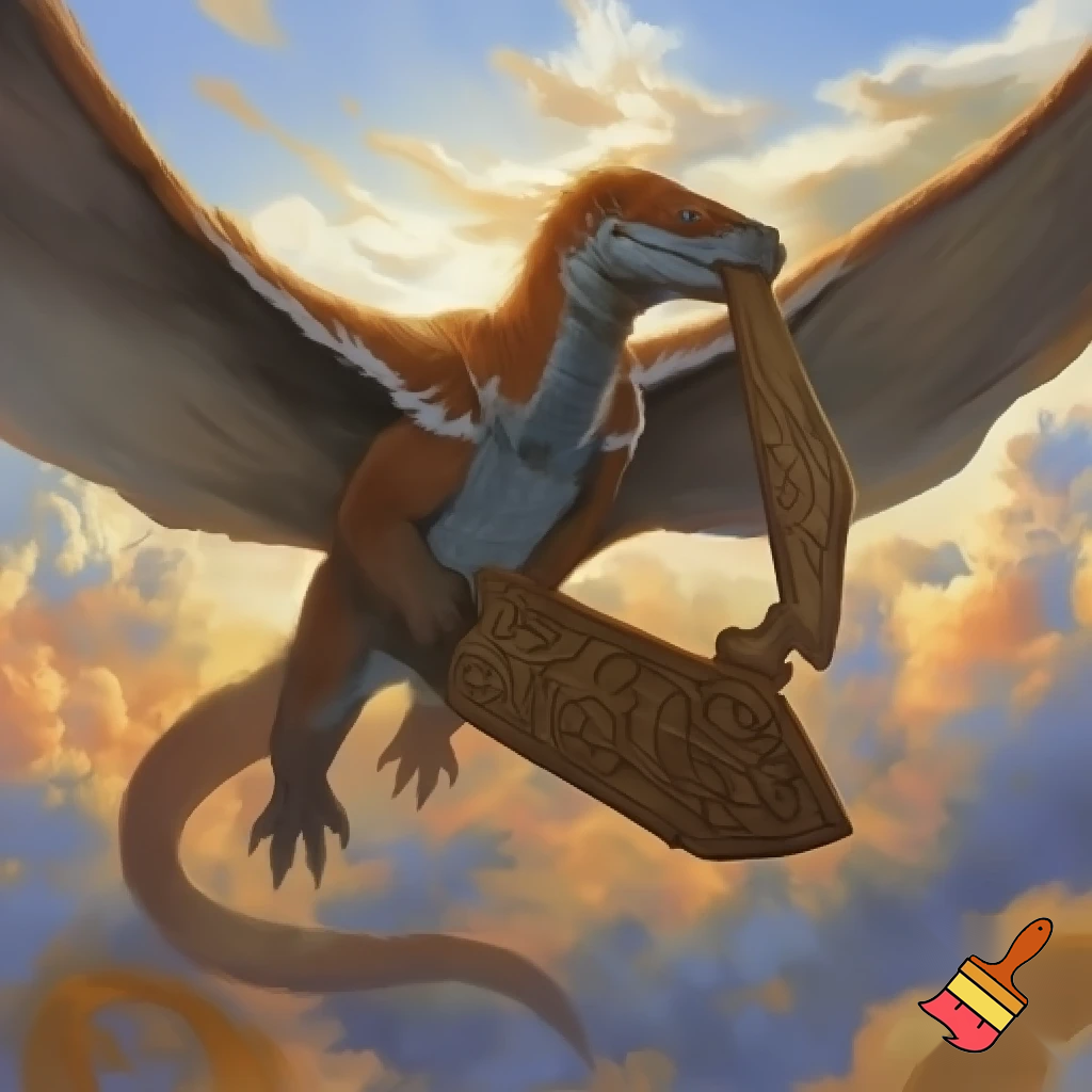 Half fox half komodo Dragon flying clinching a board