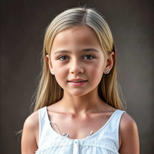 Turkish little girl, at age 9, blonde hair, white dress