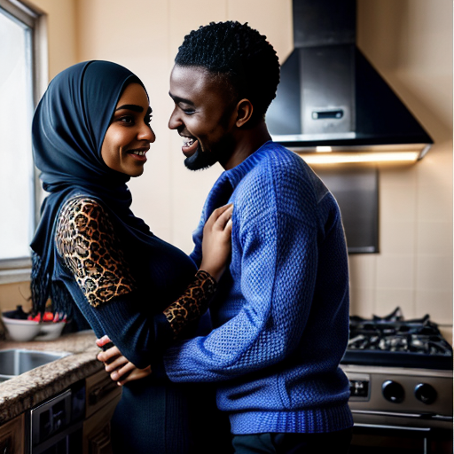 scene vraie, photo realiste de femme arabe, ronde, en hijab, longue lace-up robe leopard, talons à aiguille, bas filets de peche, avec son amant homme africain noir en pull bleu la touche sensuellement, son conjont arabe, les admirent à la cusine