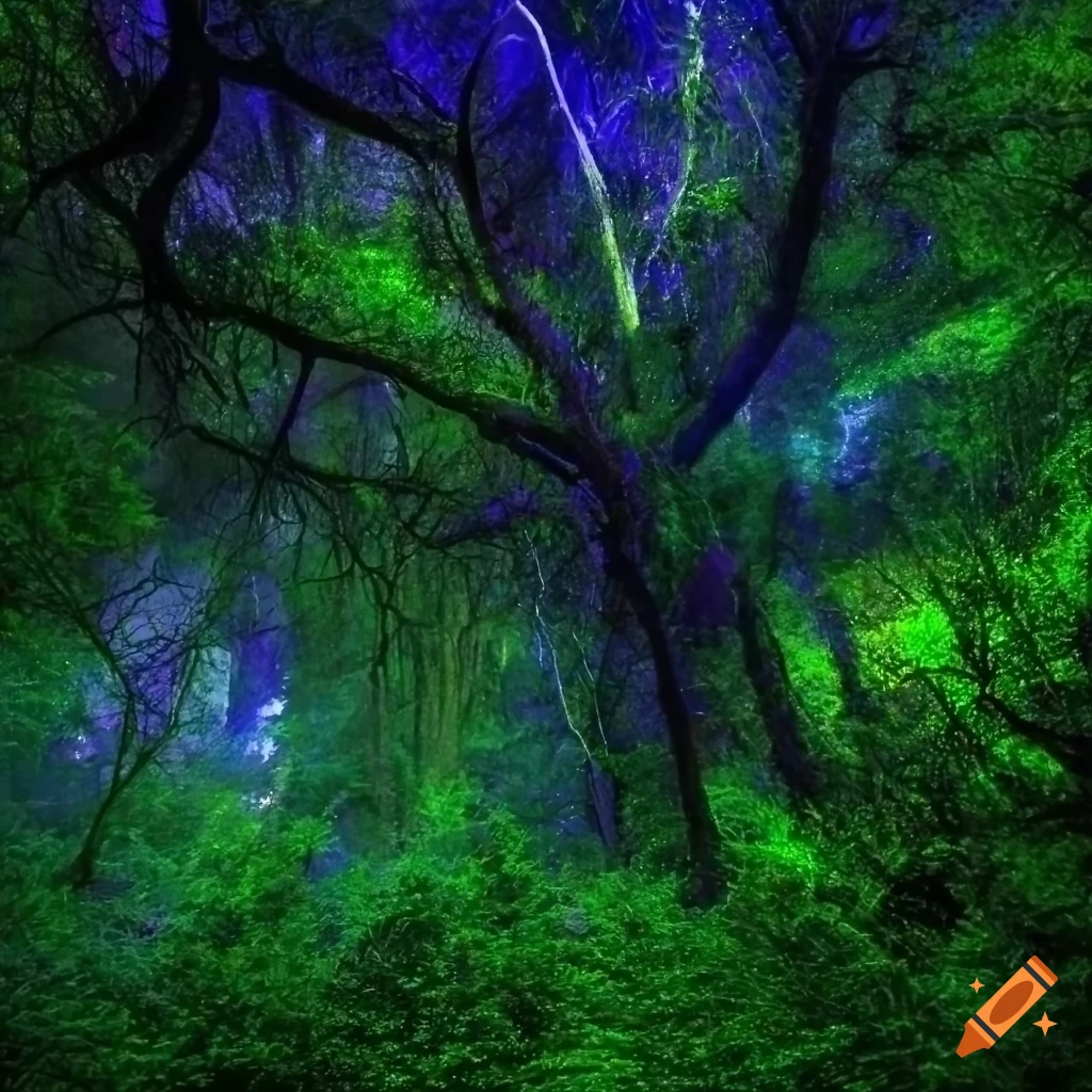 shimmery forest, purple haze with emerald undergrowth, psychedelic, night