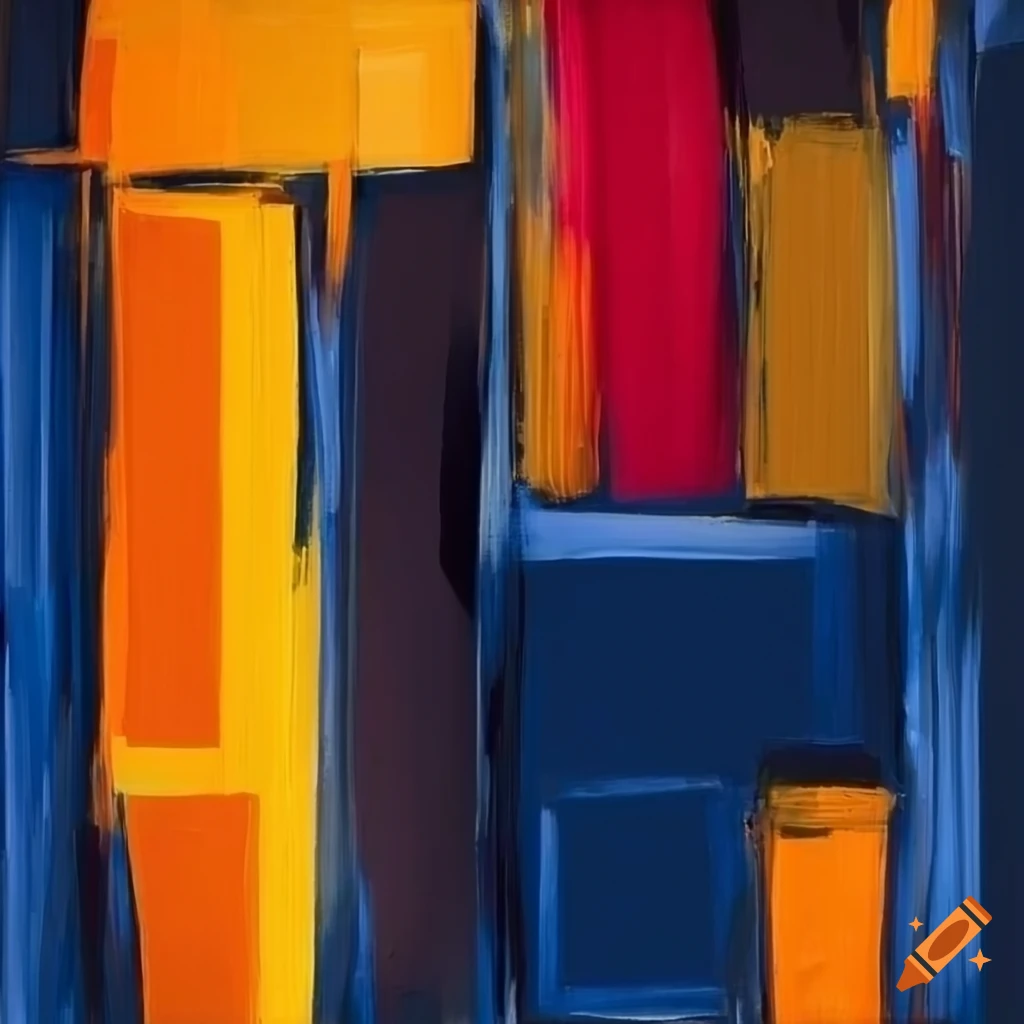 abstract oil painting in knife strokes of horizontal and vertical squares and rectangles in dark yellow bright orange black brown red and navy blue with black border lines