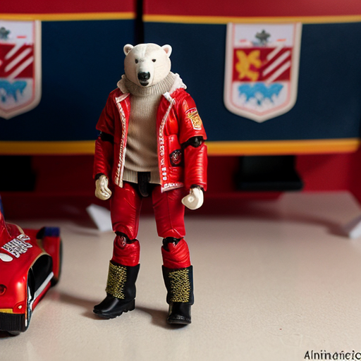 Action figure, animatronic polar bear cub with red hair, red jacket with 2 racing flags, red pants, and black boots
