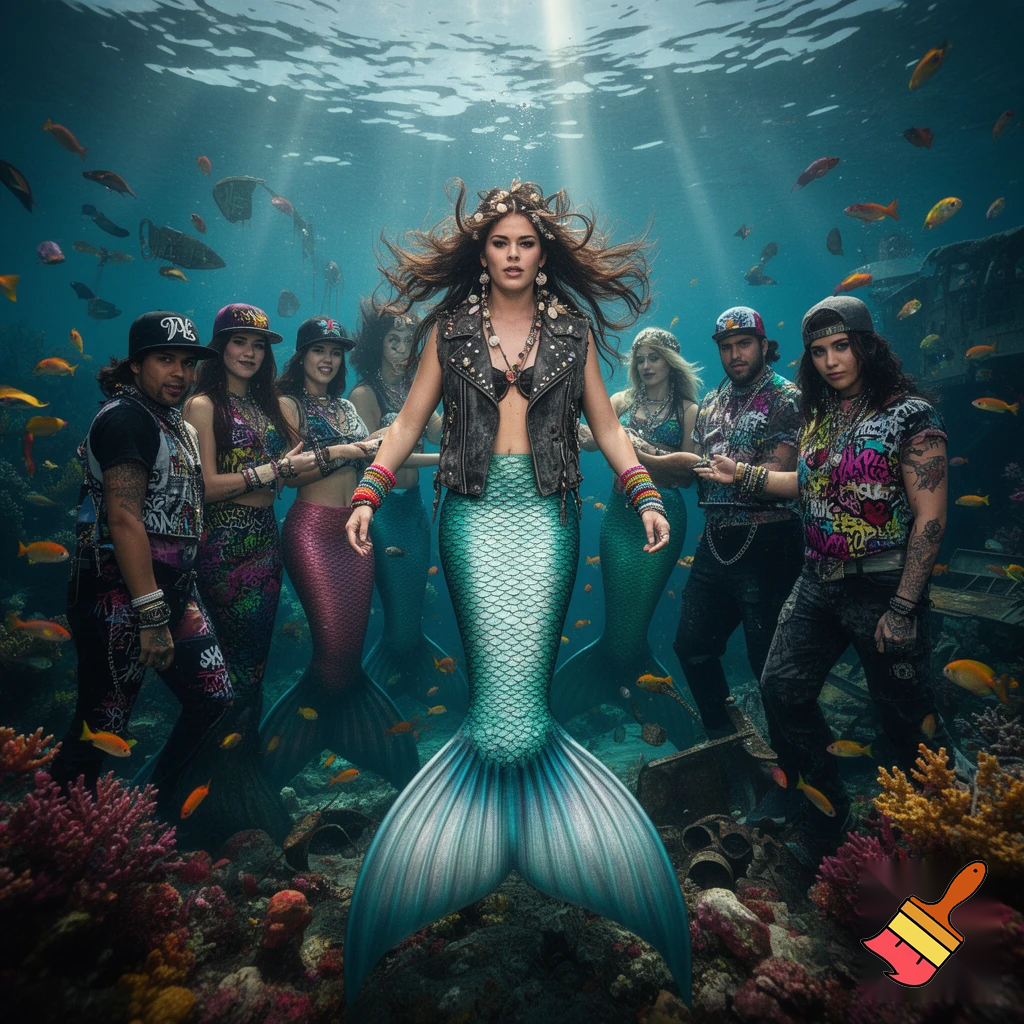Mermaid with a gang of mermaid ina ghetto style undersea world