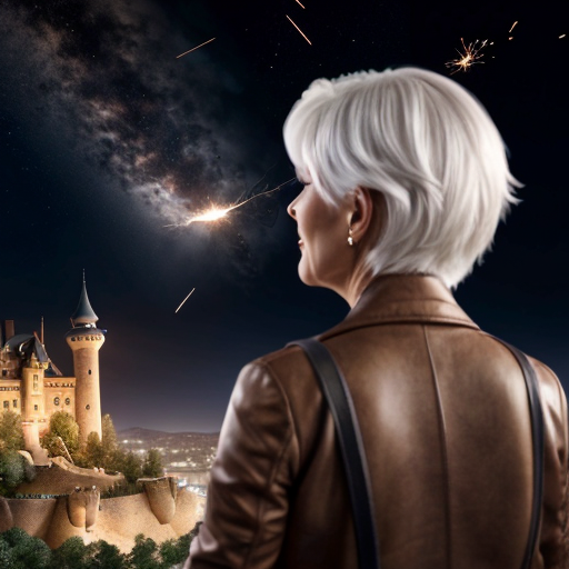 white-haired woman watches as meteorites fall on her castle