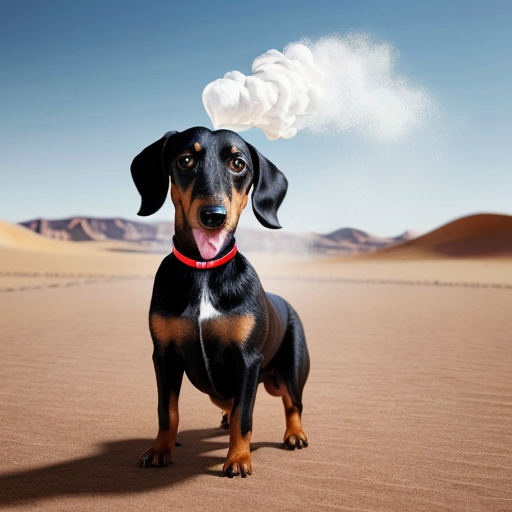 Make a picture of a black wiener dog with big human thighs farting in the middle of the desert with a big human nose and mustache