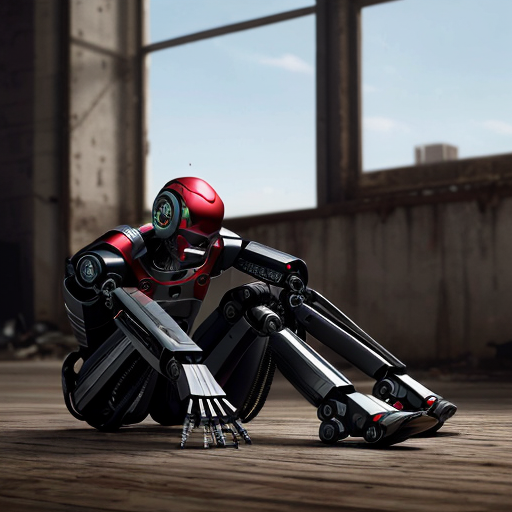 4 dead robots and 1 robot that is looking devastated that all his friends are dead
