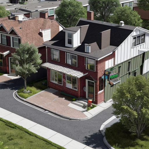 Generate a suburban neighborhood with one main rectilinear street and smaller, local streets separating off of it in a curved, varied manner. The urban space should have small street blocks with 5 or 6 uniform rectangular parcels and an interstate highway running along the edge of the neighborhood. Parcels should contain small square buildings and green garden areas behind them. Buildings should be mainly vernacular residential buildings (small homes) of about 2-3 floors with 2 or three small-scale commercial businesses on every other corner along the main street. Show entire neighborhood