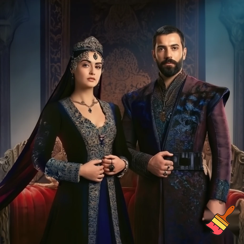  esra bilgic  as halime sultan and Ekin koc as ahmed sencer
 standing together
