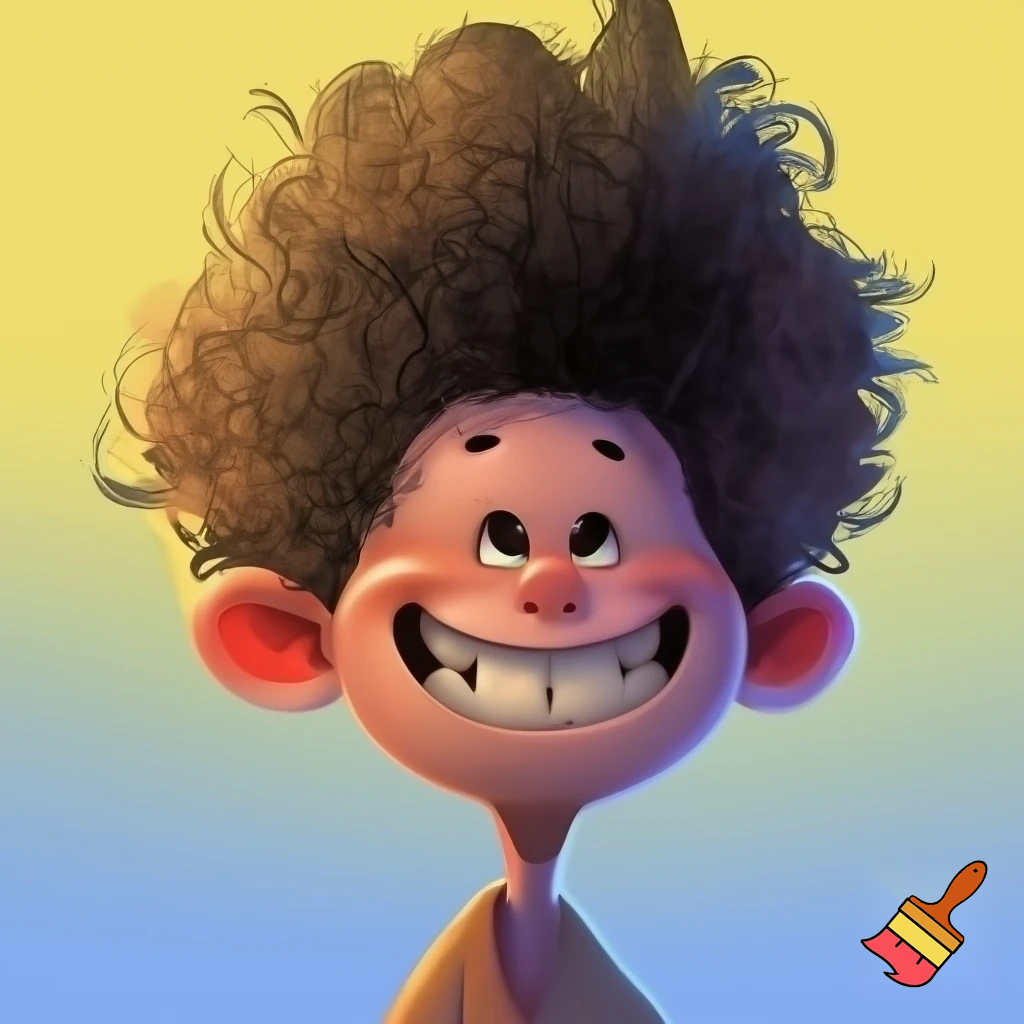 A goofy boy in caricature style with a large head and uneven teeth and fluffy hair and very tiny ears