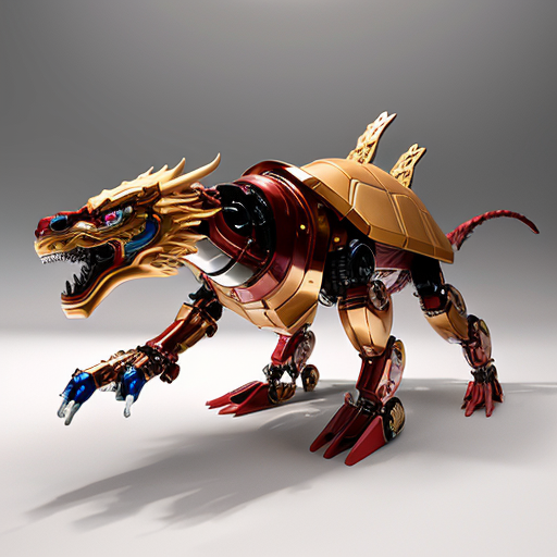Chinese mythology mecha toy, combination of five divine beasts: dragon, turtle, tiger, phoenix, qilin. Glossy PVC plastic机甲 figure, shiny reflective surface, mechanical details, joints, armor plates, bright studio lighting, isolated white background, 3d render, product photography, highly detailed.