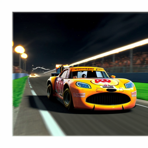 He racing speeding in piston cup dinoco 400 from cars 2006 in night scene stay in character model please 