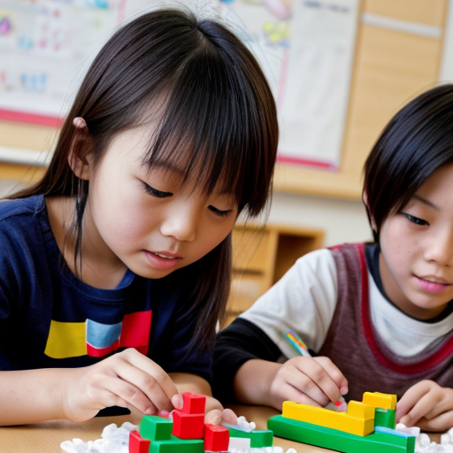 One asian student and 1 blonde student and 1 red haired grade 3 boys and girls making patterns with blocks while only wearing tabbed diapers