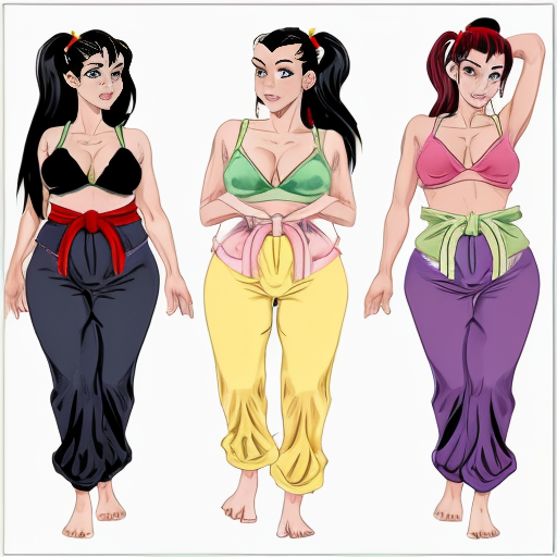 90's disney's 2d aladdin style comic black background and panels of Panel 1 then a fleet of the black haired ponytail women with blue skin,blue harem pants red bra and red sash and red curved slippers are marching around the bed. 
Panel 2 sitting on the bed is a curvy figure black haired ponytail woman with yellow skin,yellow harem pants purple bra and purple sash and purple curved slippers of who is shocked to see the marching black haired ponytail women with green skin,green harem pants pink bra and pink sash and pink curved slippers 
panel 3 then the black haired ponytail curvy figure woman with yellow skin,yellow harem pants purple bra and purple sash and purple curved slippers and hides under her covers. 
Panel 4 And before the bed and the black haired ponytail curvy figure woman with green skin,green harem pants pink bra and pink sash and pink curl toe slippers spiral off and disappear into the distance.   